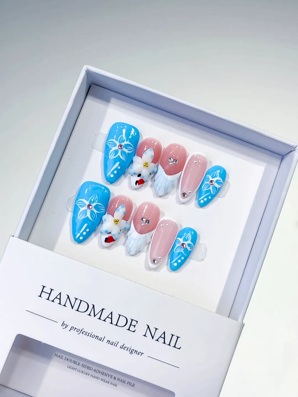 D297 - Medium Blue Pink Almond Floral Flower Rhinestone