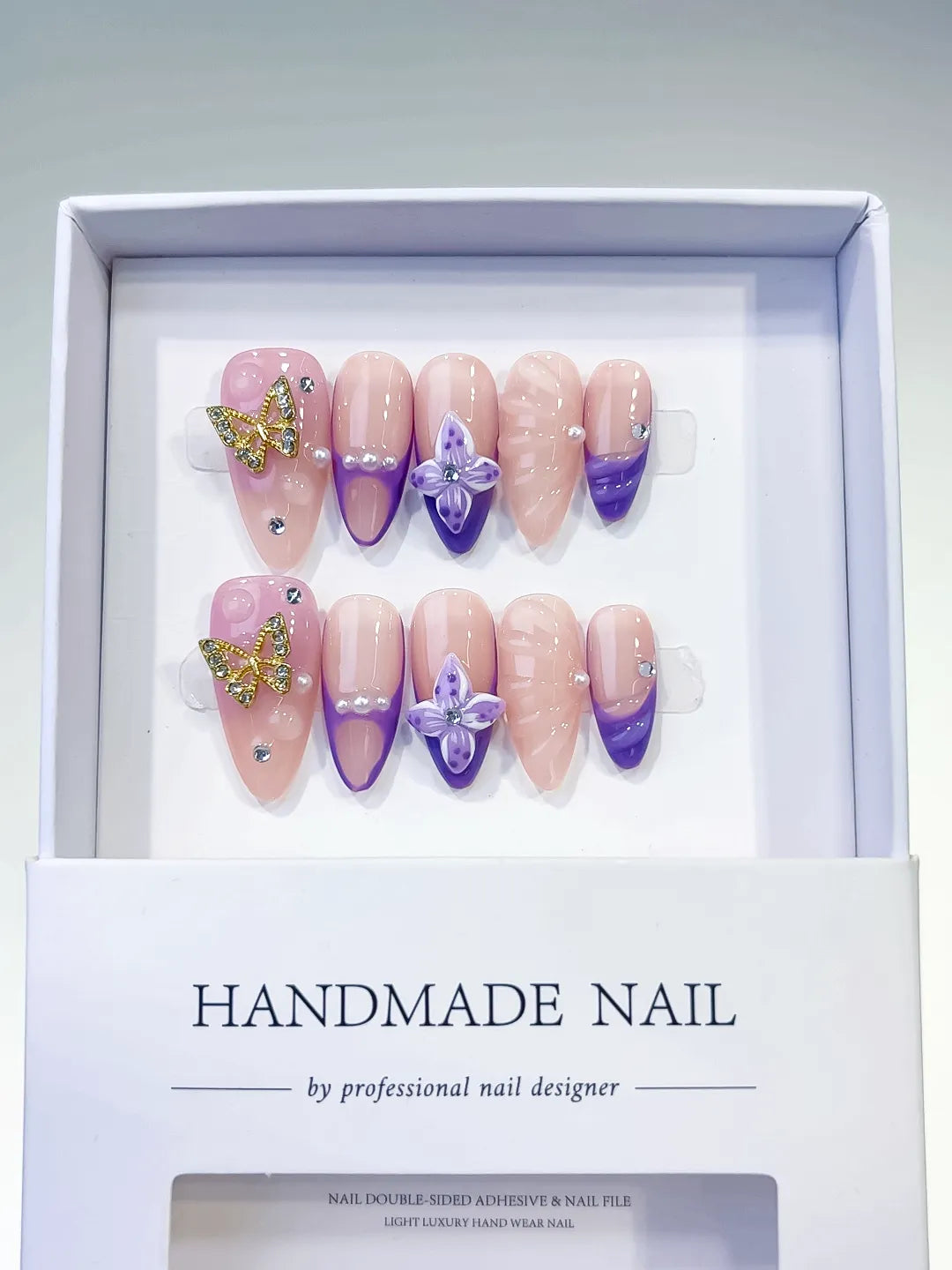 D298 - Medium Nude Purple Almond French tip Butterfly Rhinestone
