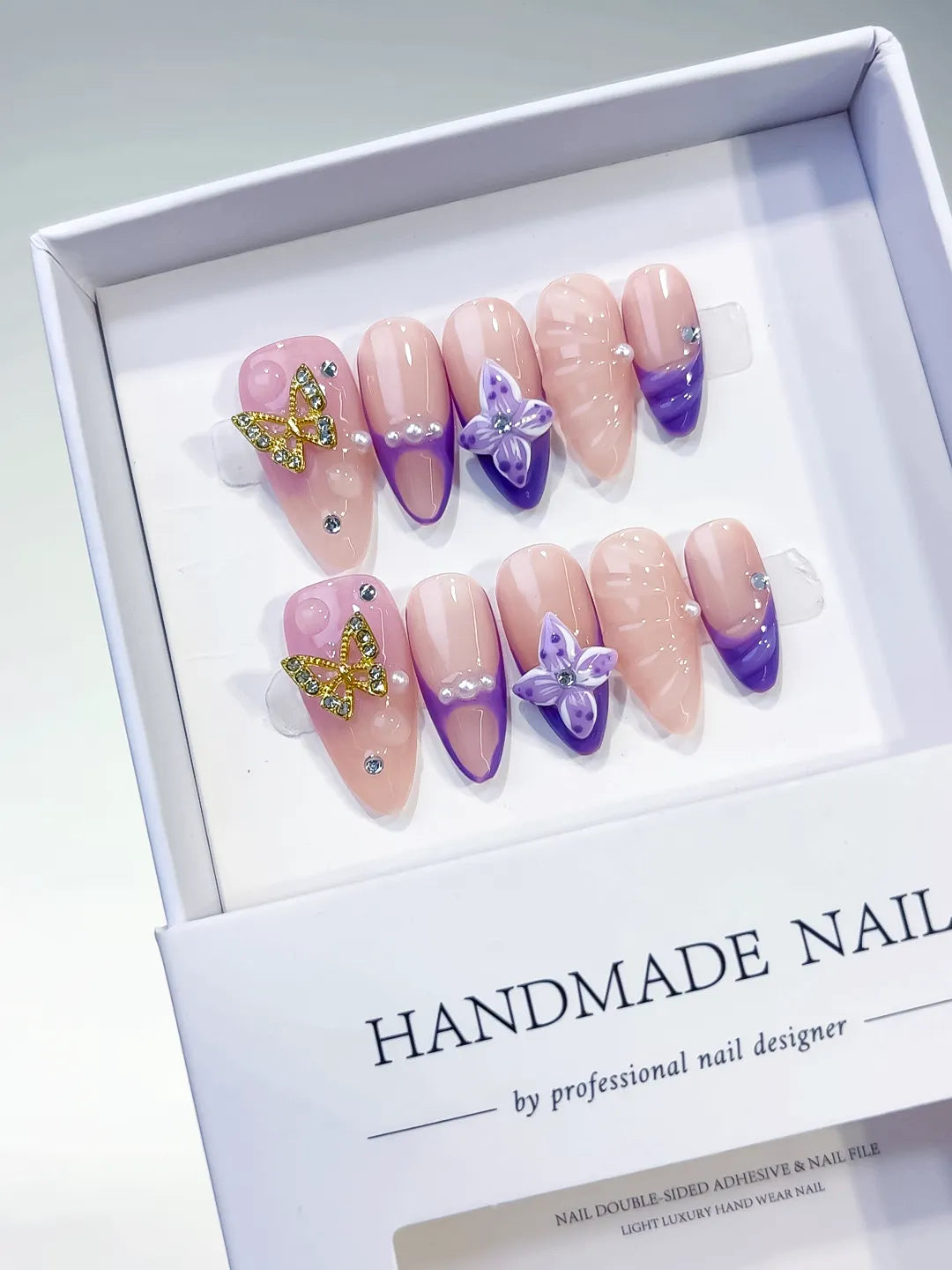 D298 - Medium Nude Purple Almond French tip Butterfly Rhinestone