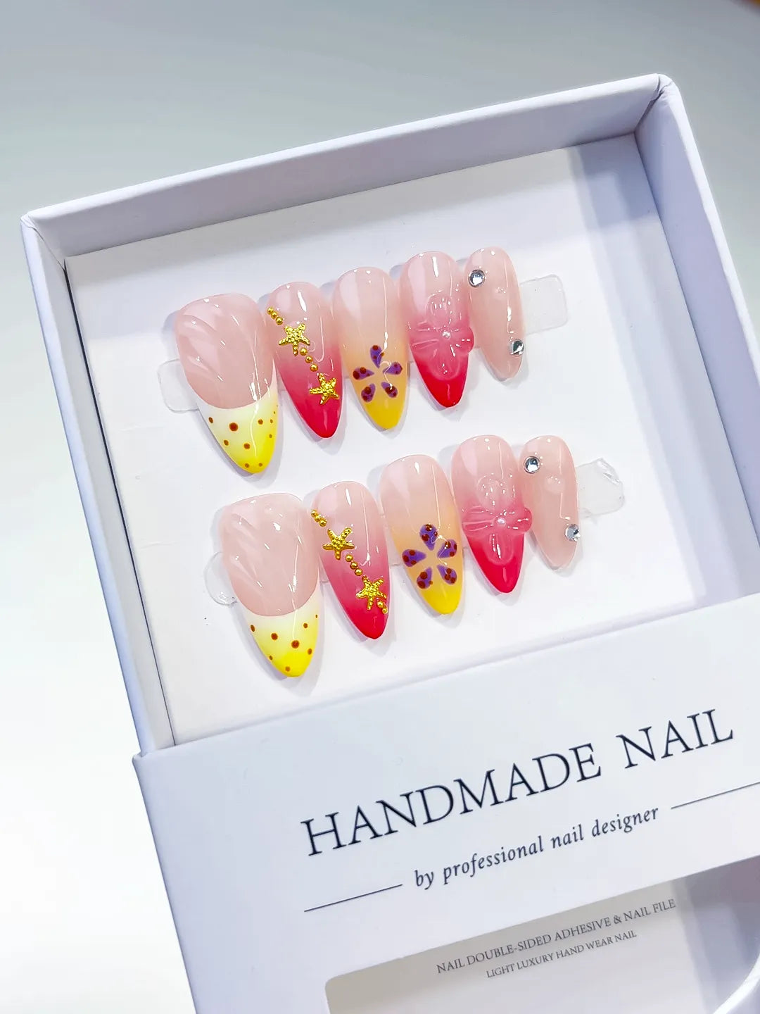 D300 - Medium Nude Yellow Almond French tip Flower Star