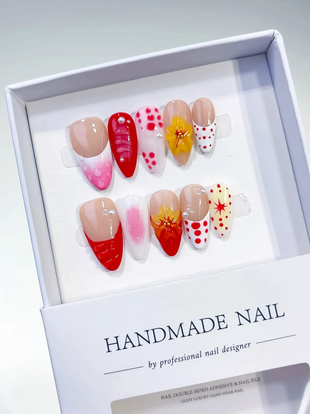 D305 - Medium Nude Red Almond French tip Flower Dot Pattern