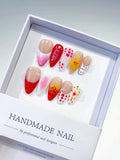 D305 - Medium Nude Red Almond French tip Flower Dot Pattern