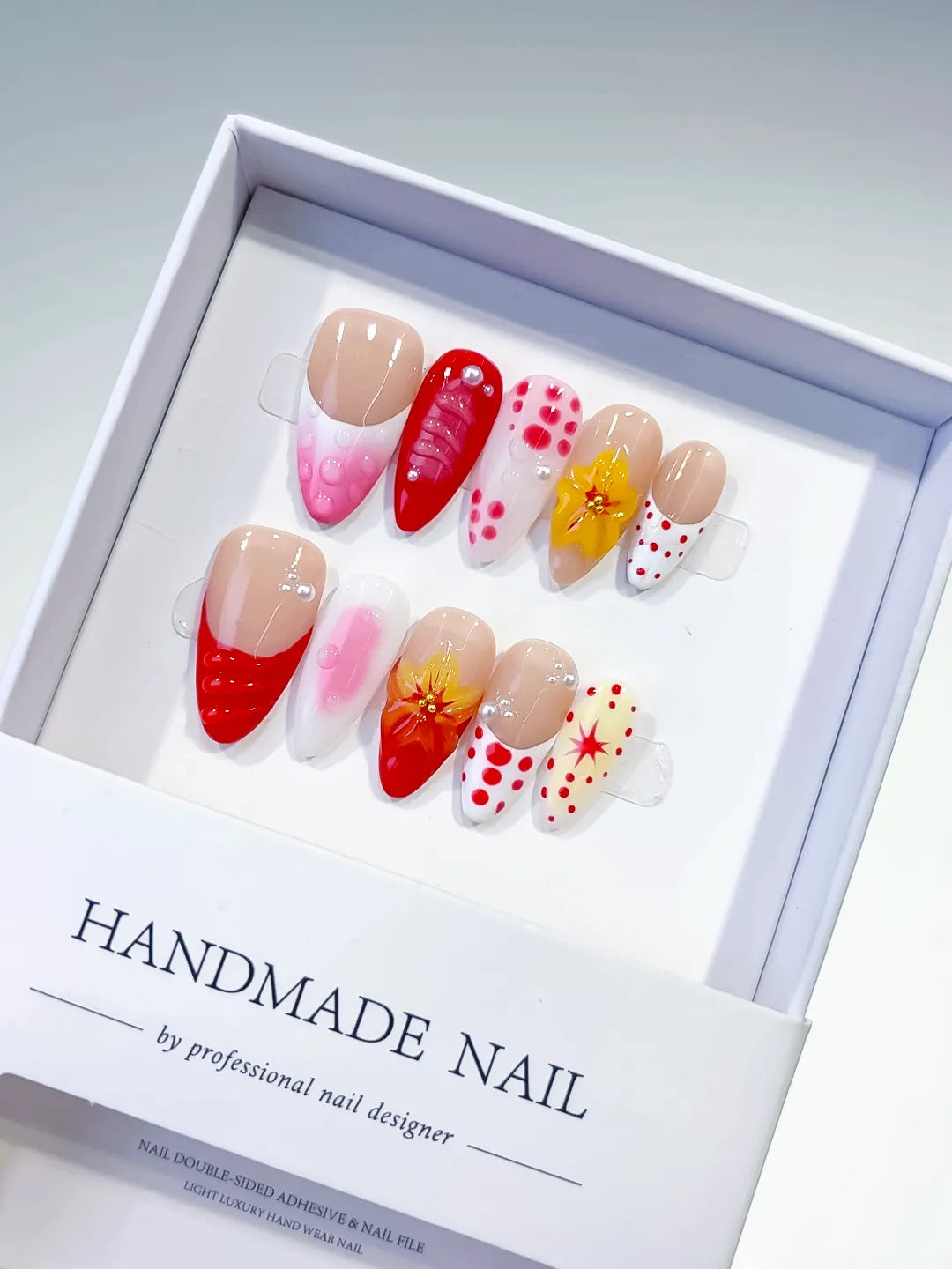 D305 - Medium Nude Red Almond French tip Flower Dot Pattern