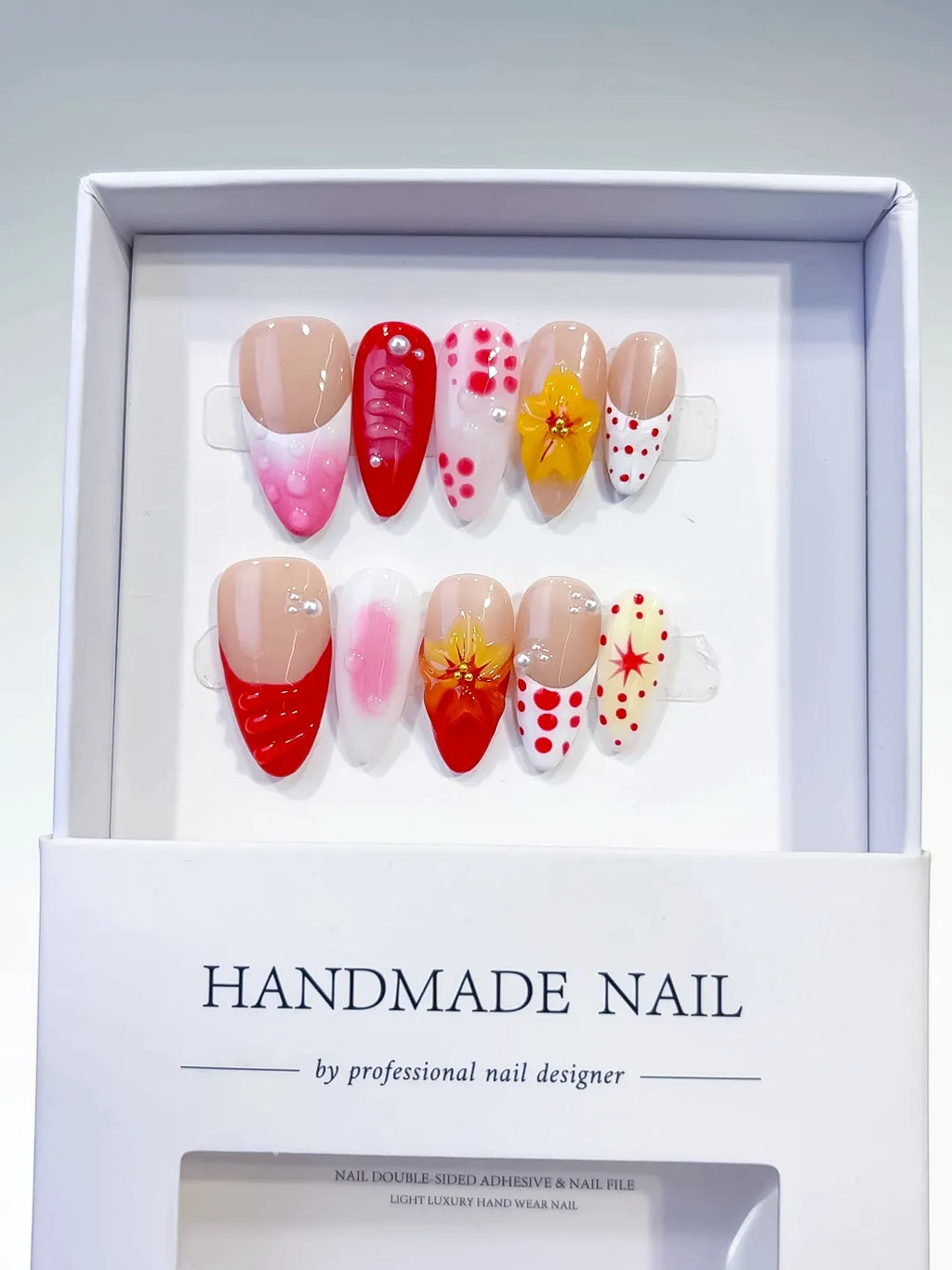 D305 - Medium Nude Red Almond French tip Flower Dot Pattern