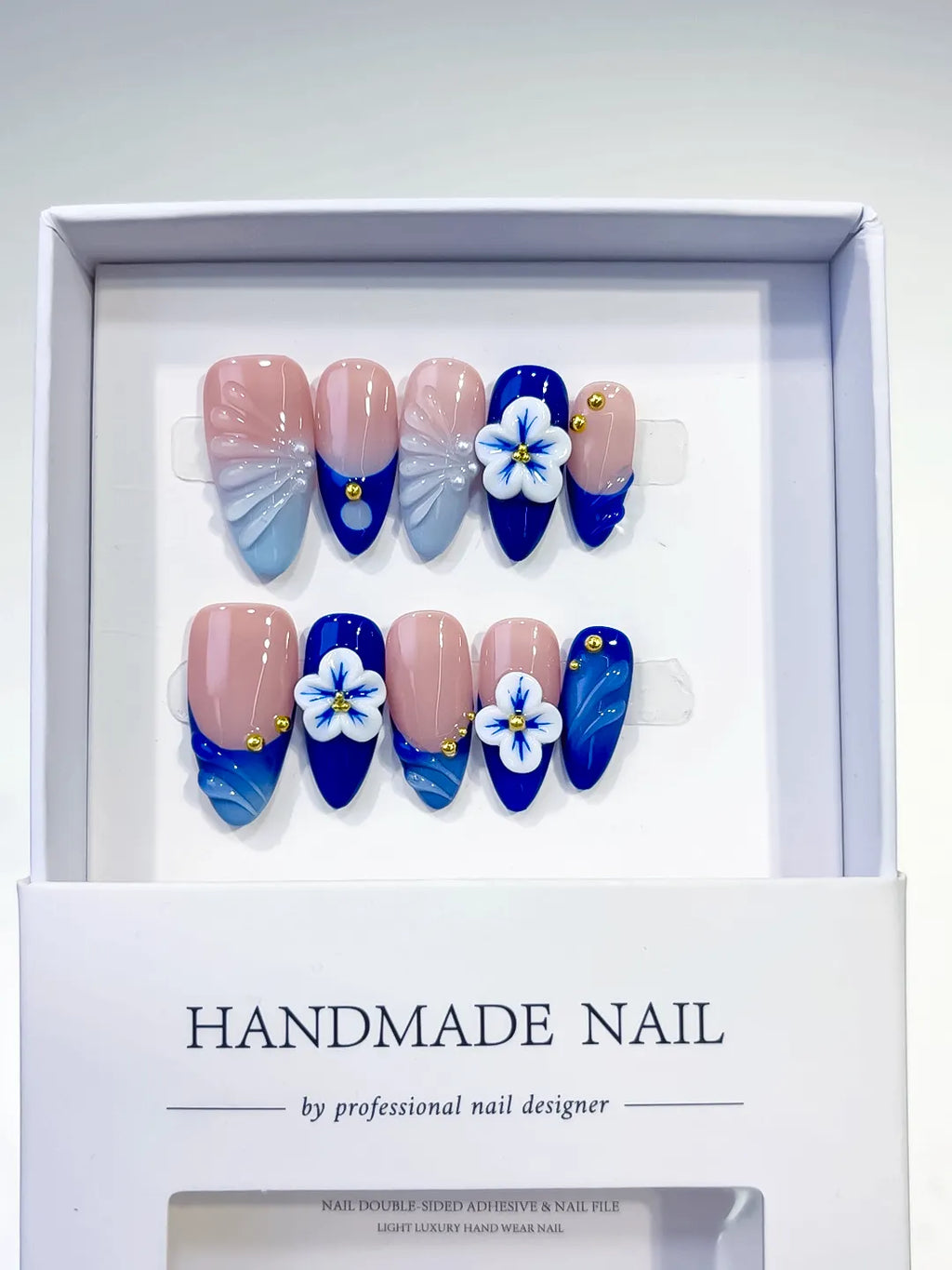 D313 - Medium Nude Blue Almond French tip Flower Metallic