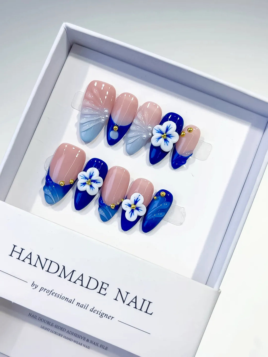 D313 - Medium Nude Blue Almond French tip Flower Metallic