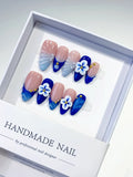 D313 - Medium Nude Blue Almond French tip Flower Metallic