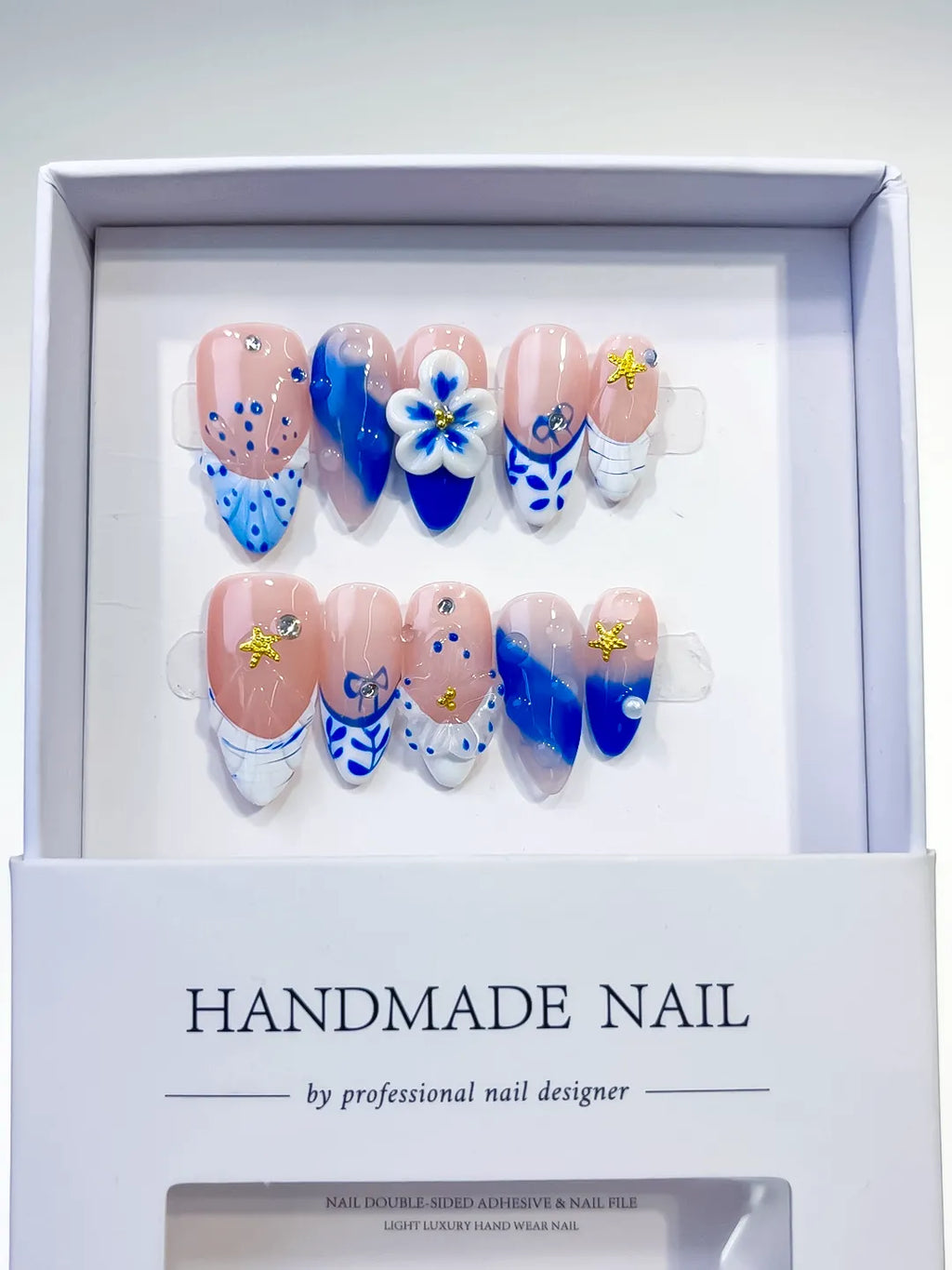 D315 - Long Nude Blue Square French tip Flower Star