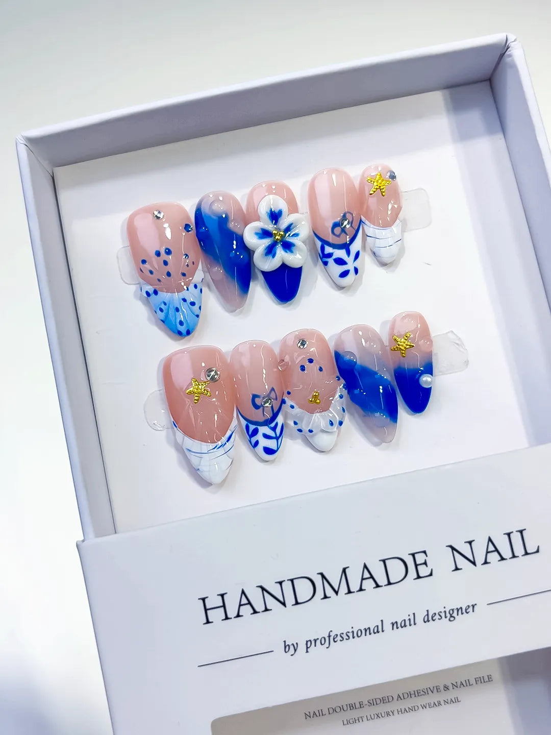 D315 - Long Nude Blue Square French tip Flower Star