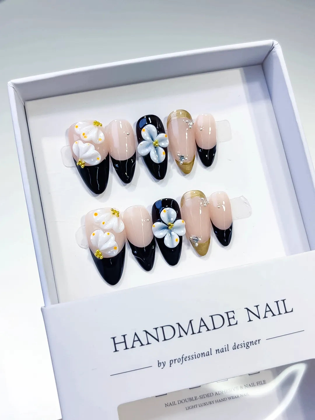 D319 - Medium Nude Black Almond French tip Flower Rhinestone