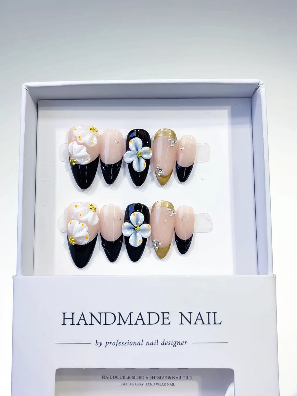 D319 - Medium Nude Black Almond French tip Flower Rhinestone