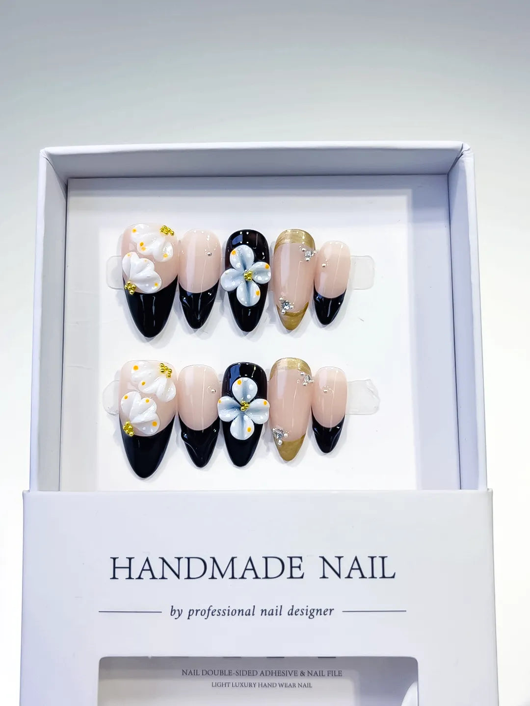 D319 - Medium Nude Black Almond French tip Flower Rhinestone