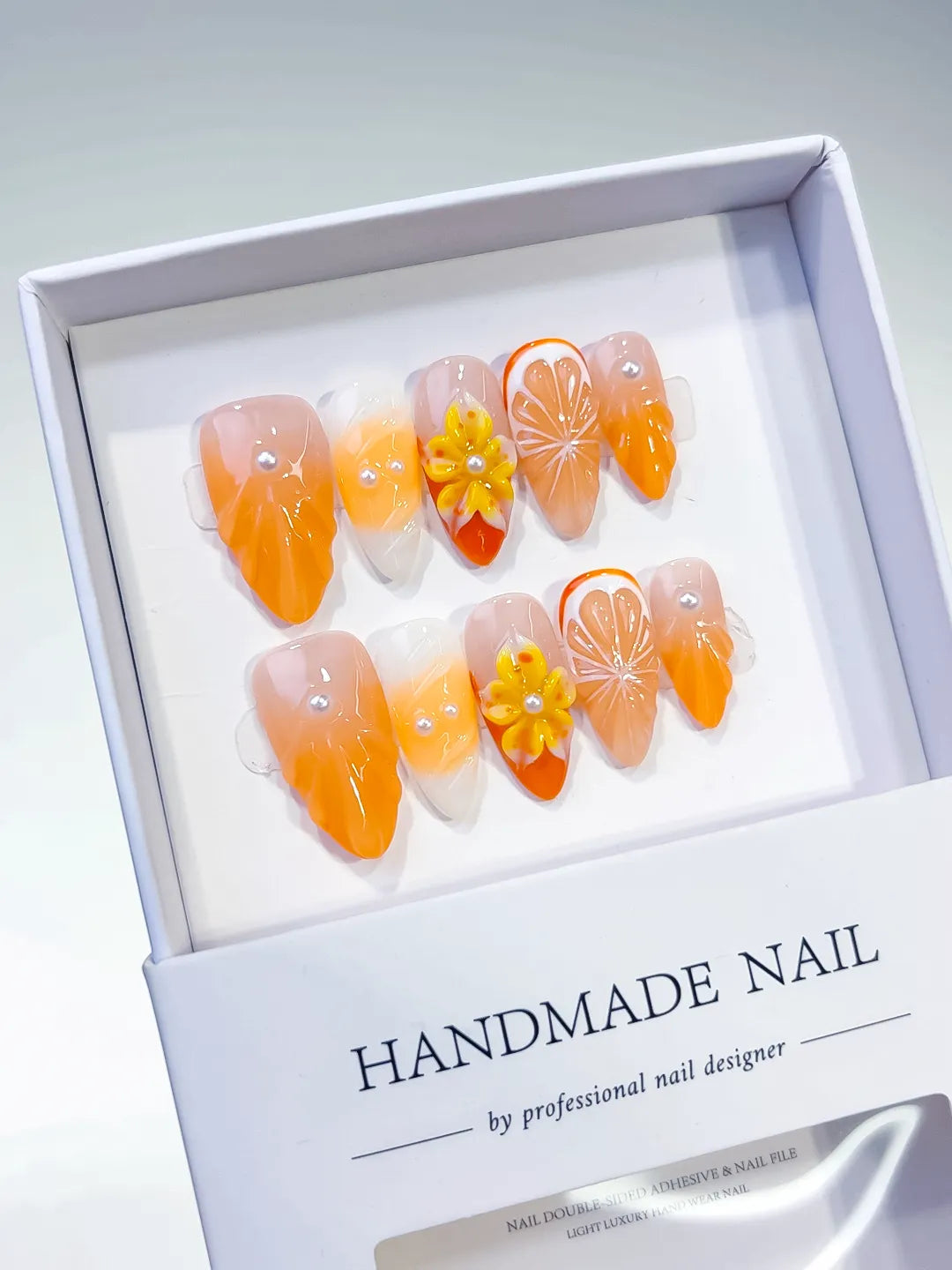 D320 - Medium Orange White Almond Floral Flower Citrus VibeNailsLab