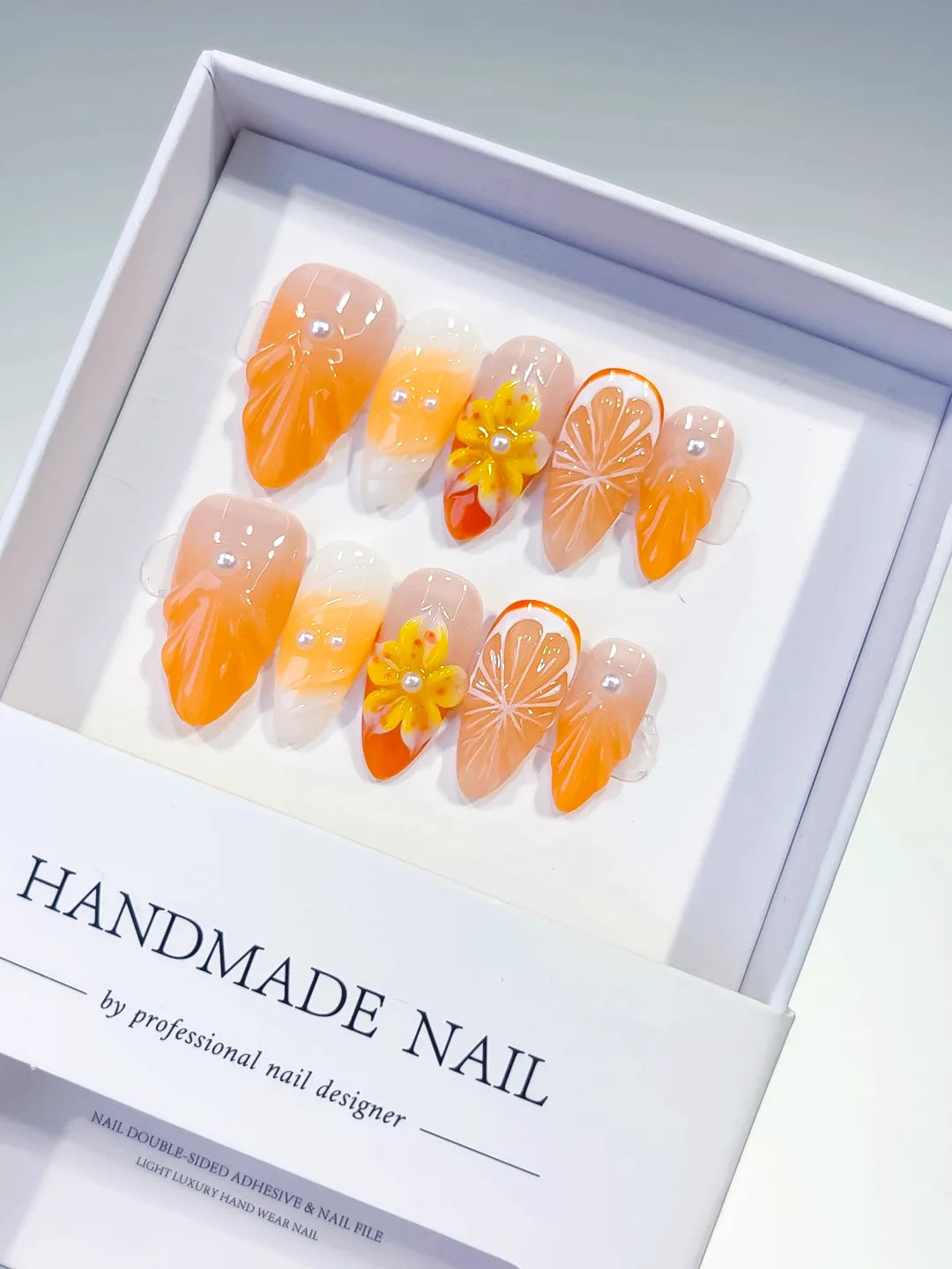 D320 - Medium Orange White Almond Floral Flower Citrus VibeNailsLab