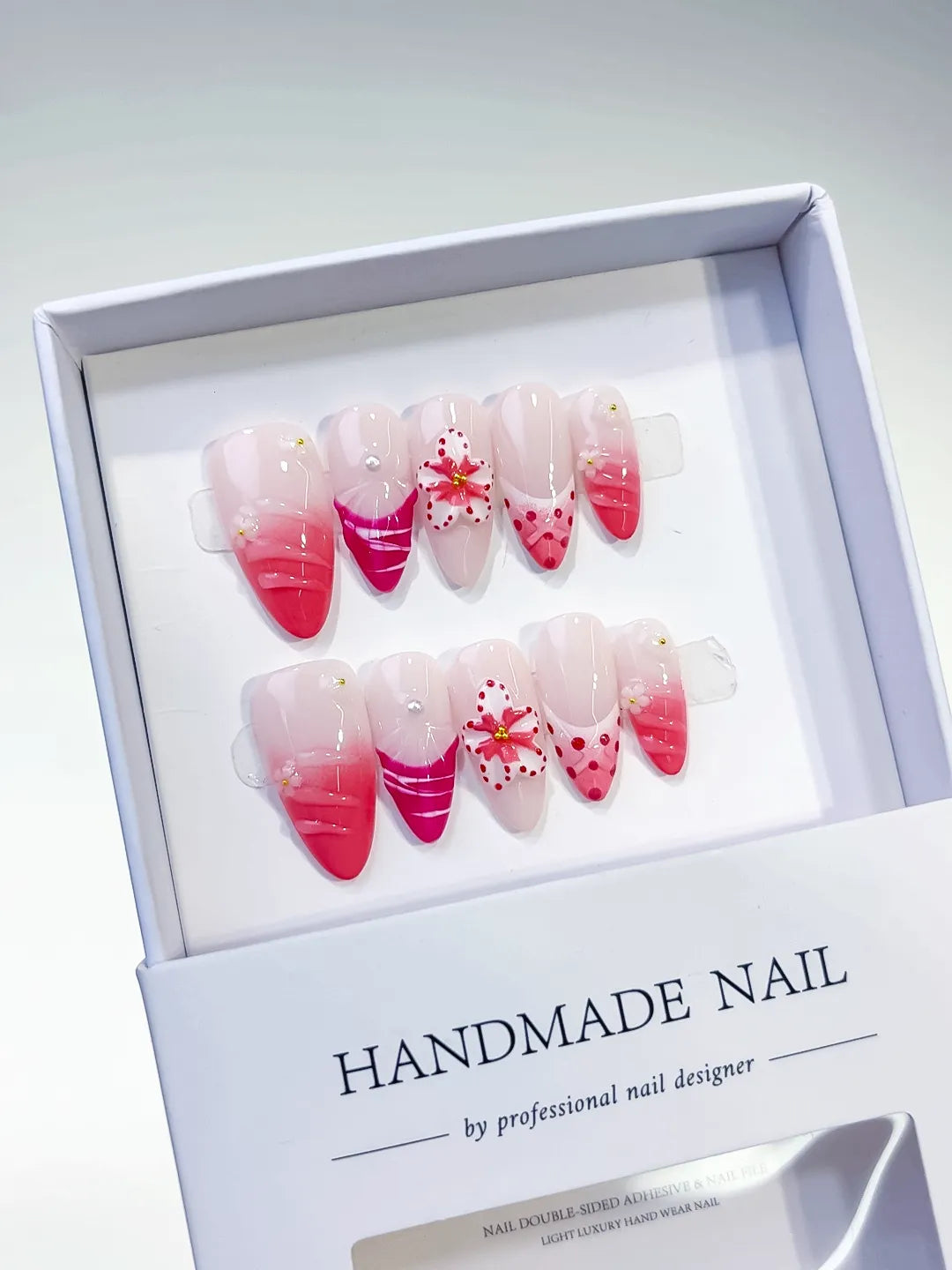 D322 - Medium Pink White Almond Ombre Flower Dot Pattern VibeNailsLab