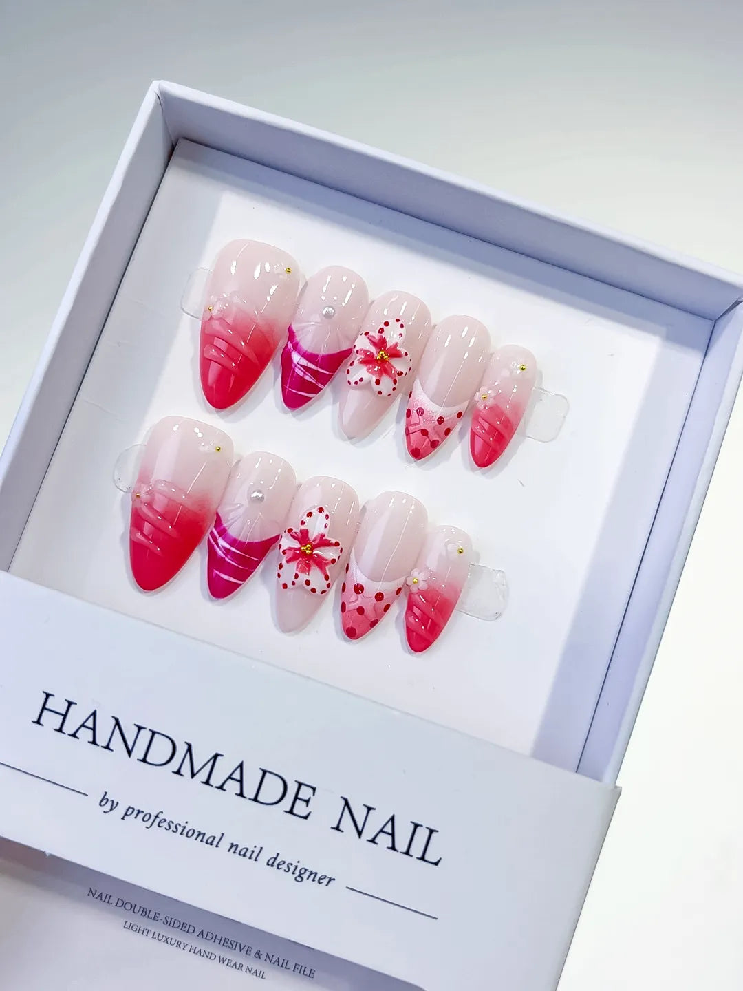 D322 - Medium Pink White Almond Ombre Flower Dot Pattern VibeNailsLab