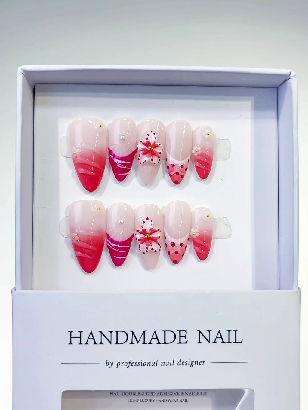D322 - Medium Pink White Almond Ombre Flower Dot Pattern VibeNailsLab