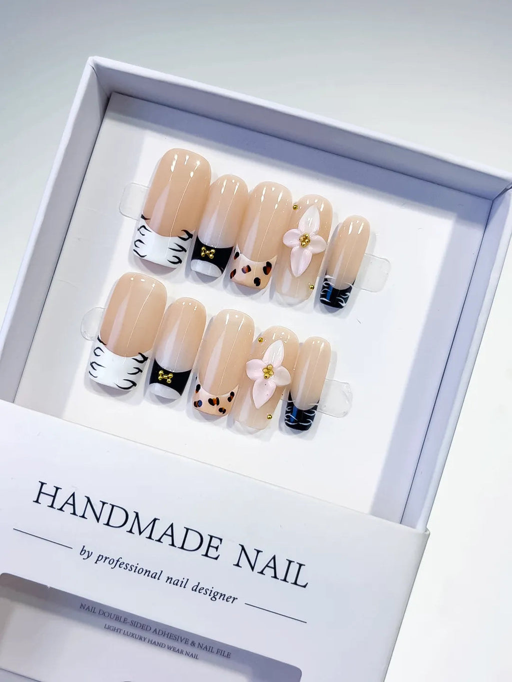 D323 - Long Nude White Square French tip Flower Animal Print VibeNailsLab