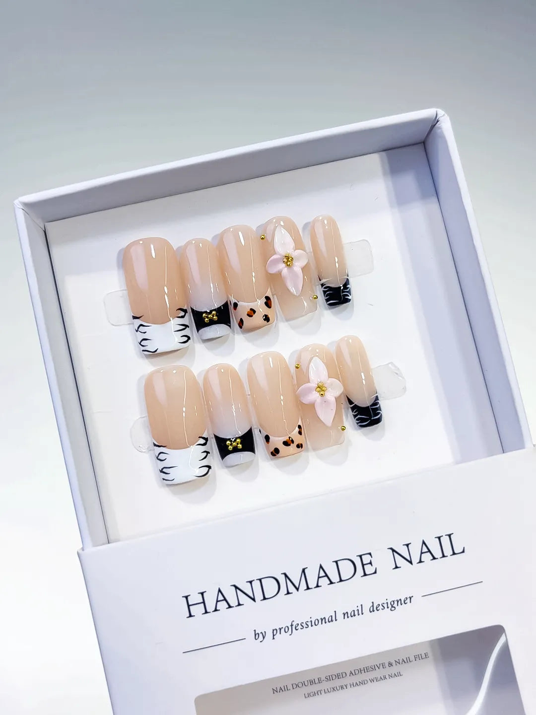 D323 - Long Nude White Square French tip Flower Animal Print VibeNailsLab
