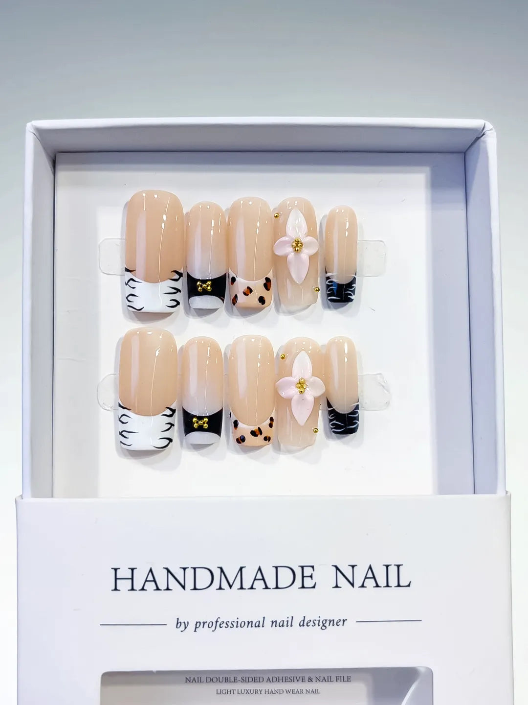 D323 - Long Nude White Square French tip Flower Animal Print VibeNailsLab