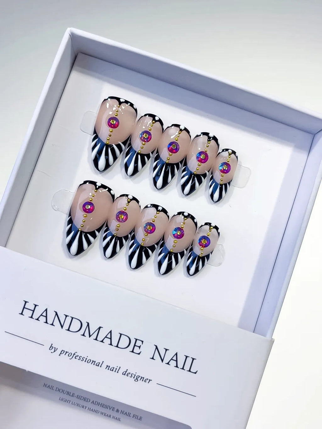 D324 - Medium Black White Almond Abstract Stripe Rhinestone VibeNailsLab