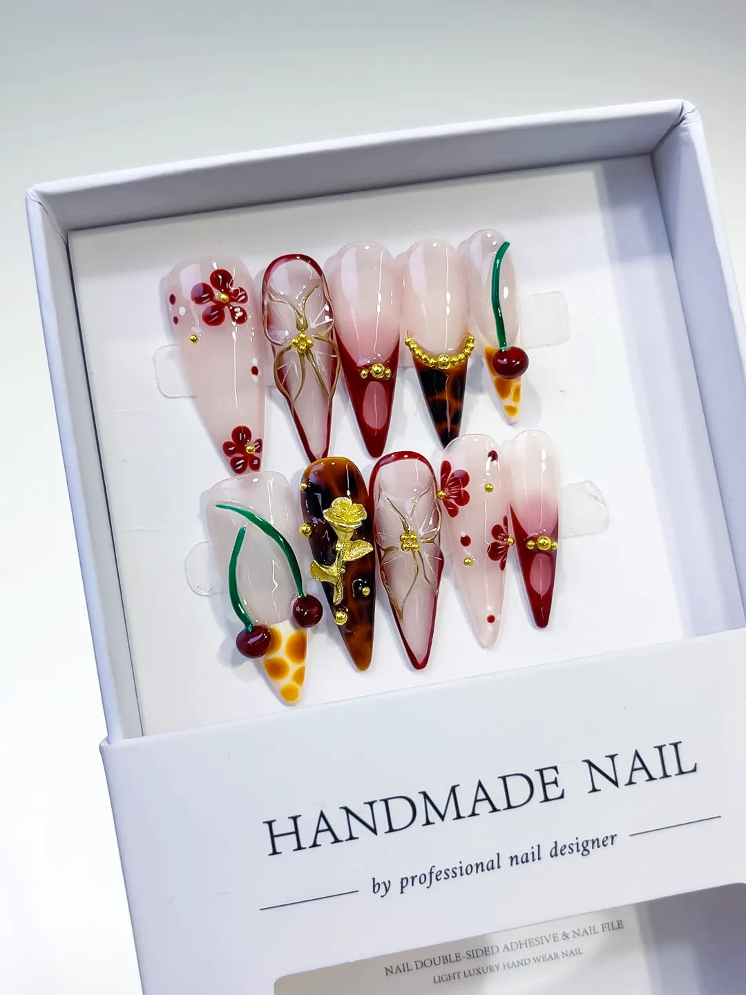 D326 - Long Nude Red Almond Abstract Cherry Flower VibeNailsLab