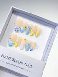 D327 - Medium Nude Blue Almond French tip Flower Grid Pattern VibeNailsLab