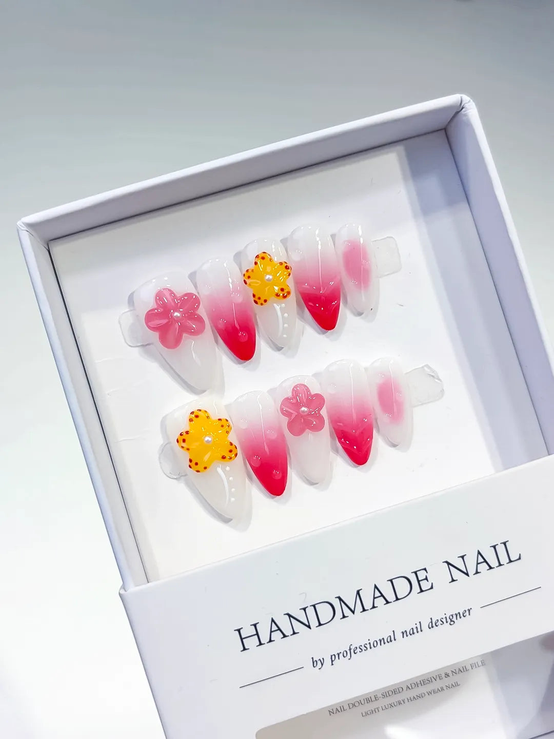 D335 - Medium White Pink Almond Ombre Flower VibeNailsLab