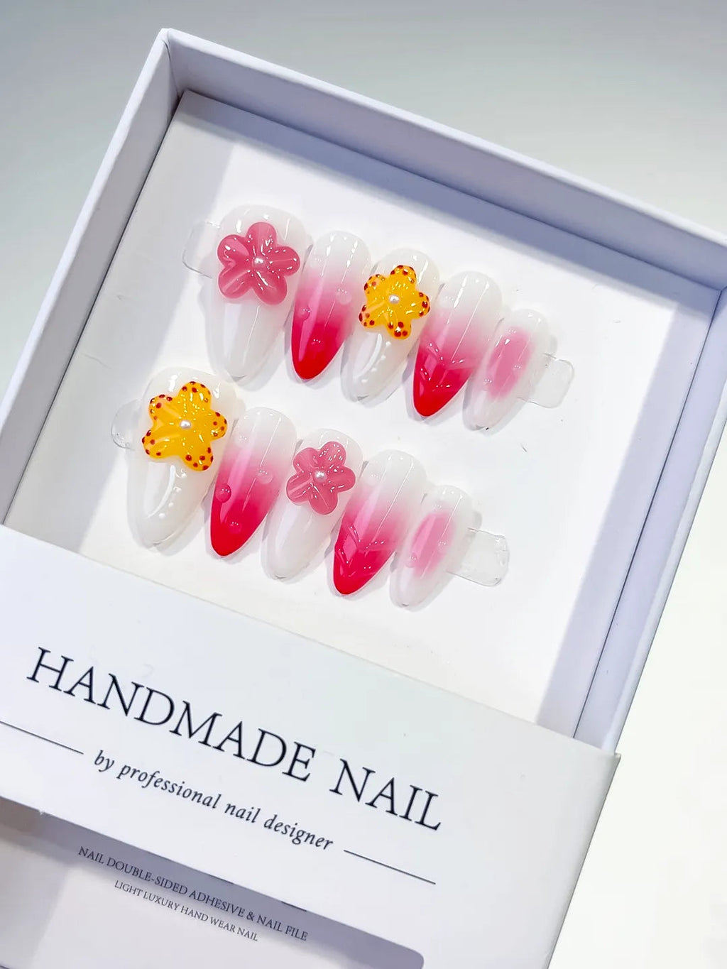 D335 - Medium White Pink Almond Ombre Flower VibeNailsLab