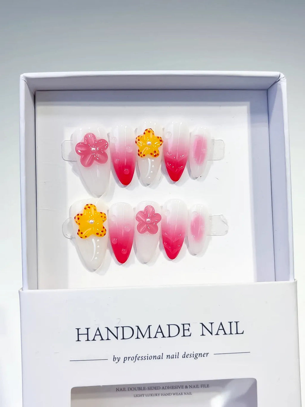D335 - Medium White Pink Almond Ombre Flower VibeNailsLab