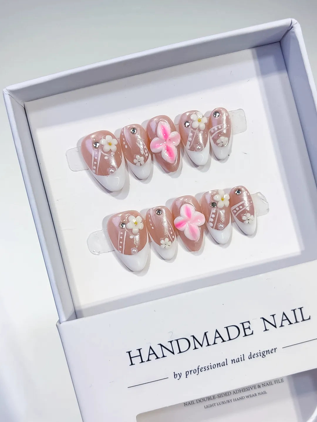 D331 - Short Nude White Almond French tip Flower Pearl VibeNailsLab
