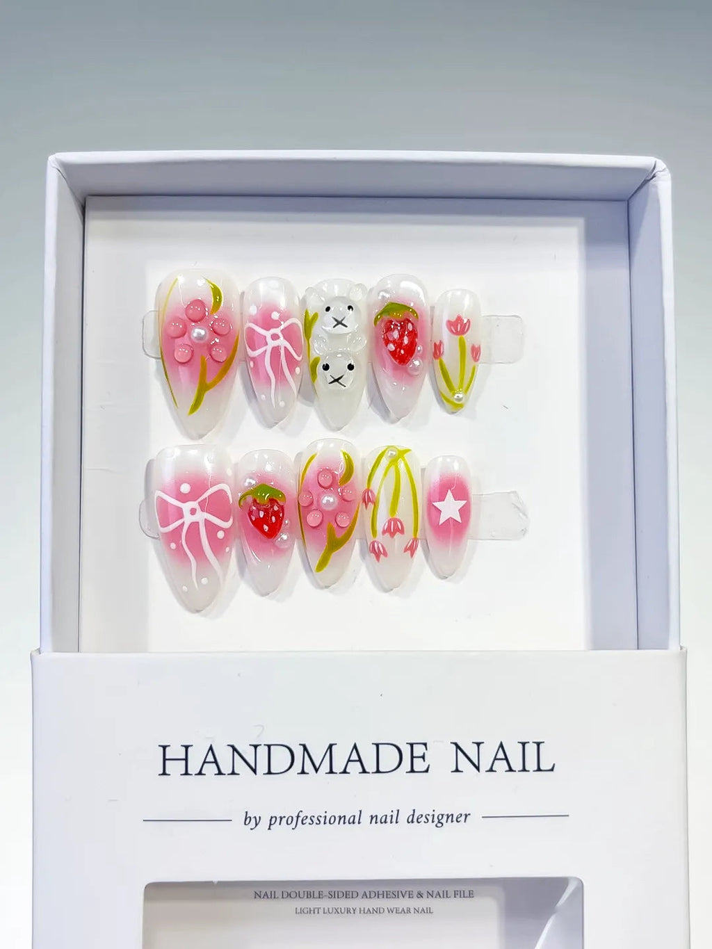 D334 - Medium White Pink Almond Abstract Strawberry Bow VibeNailsLab
