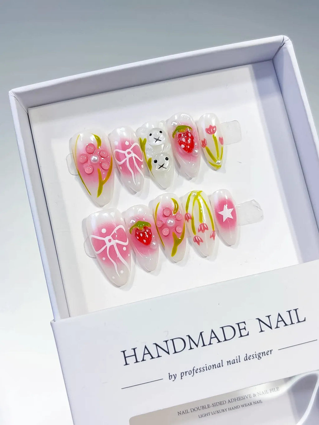 D334 - Medium White Pink Almond Abstract Strawberry Bow VibeNailsLab