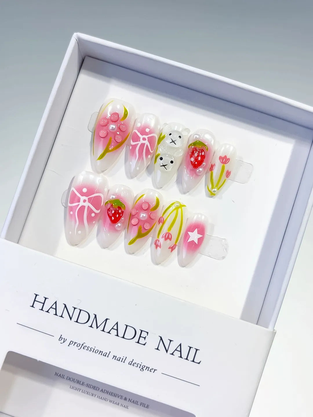 D334 - Medium White Pink Almond Abstract Strawberry Bow VibeNailsLab