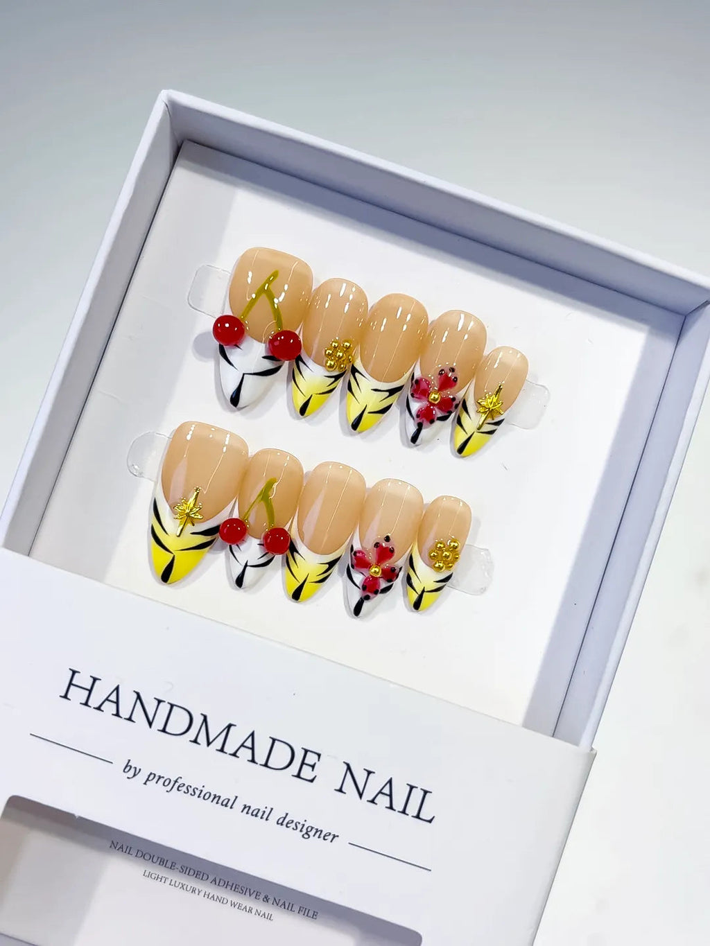 D336 - Medium Nude Yellow Almond French tip Cherry Flower VibeNailsLab