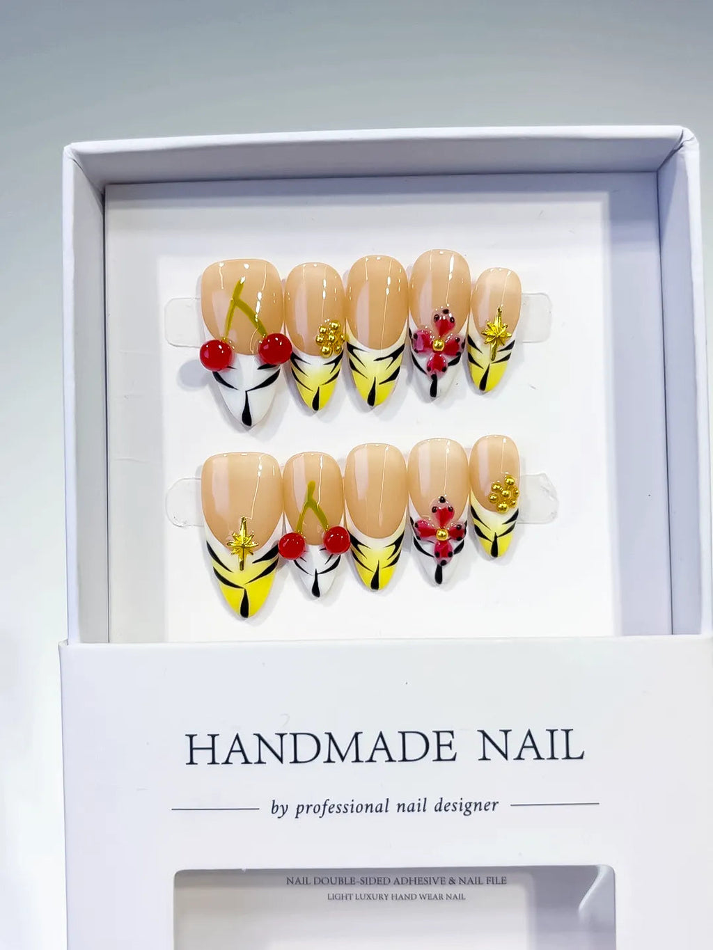 D336 - Medium Nude Yellow Almond French tip Cherry Flower VibeNailsLab
