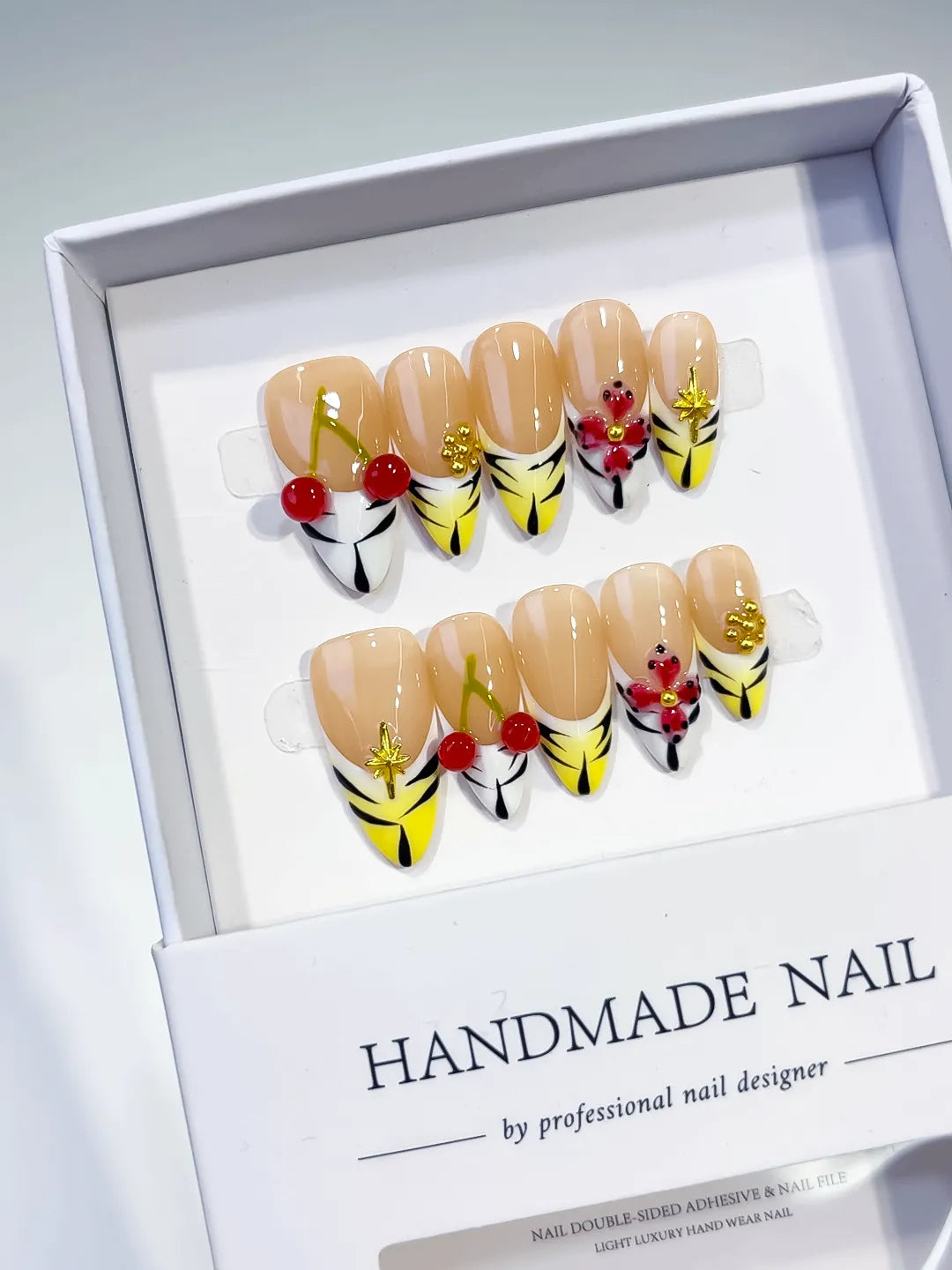 D336 - Medium Nude Yellow Almond French tip Cherry Flower VibeNailsLab