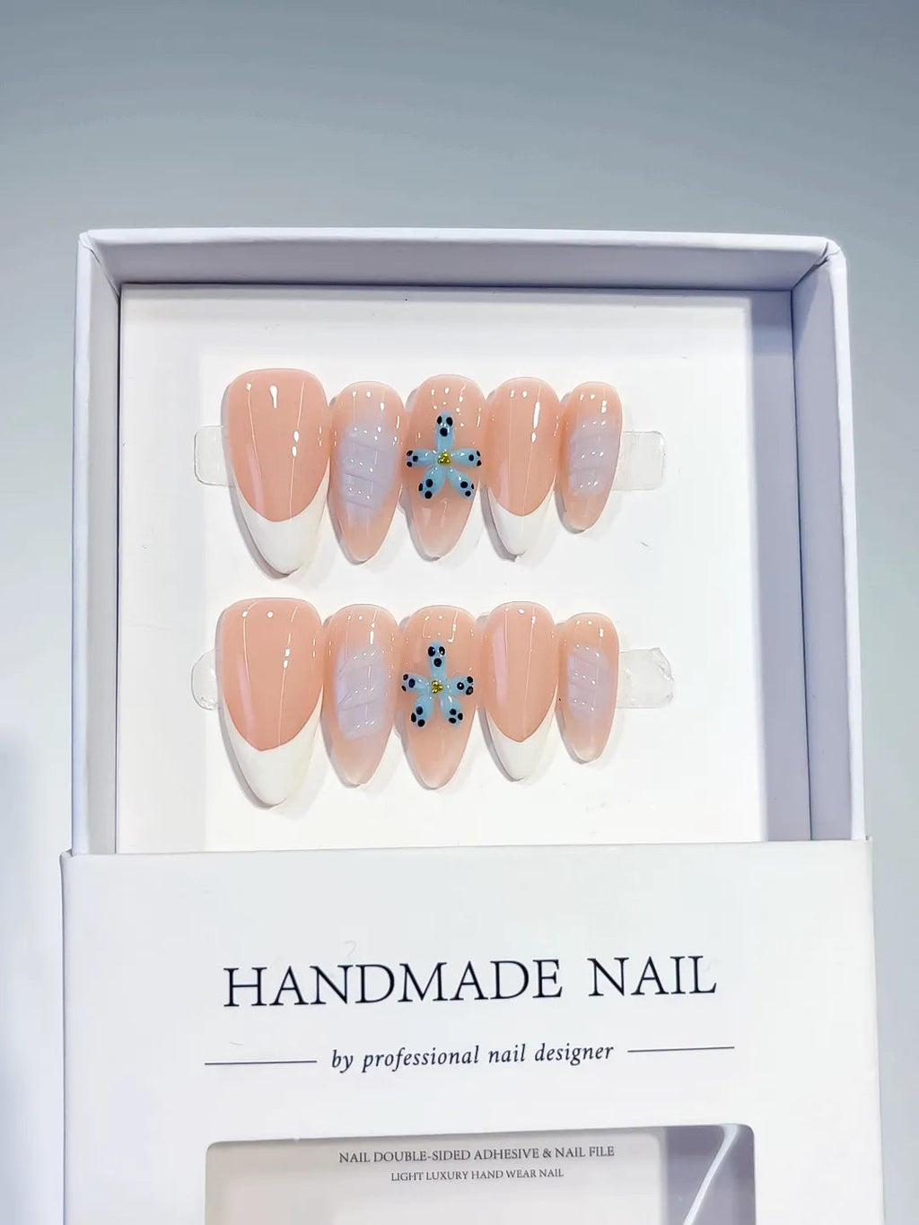 D339 - Medium Nude White Almond French tip Flower VibeNailsLab