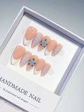 D339 - Medium Nude White Almond French tip Flower VibeNailsLab