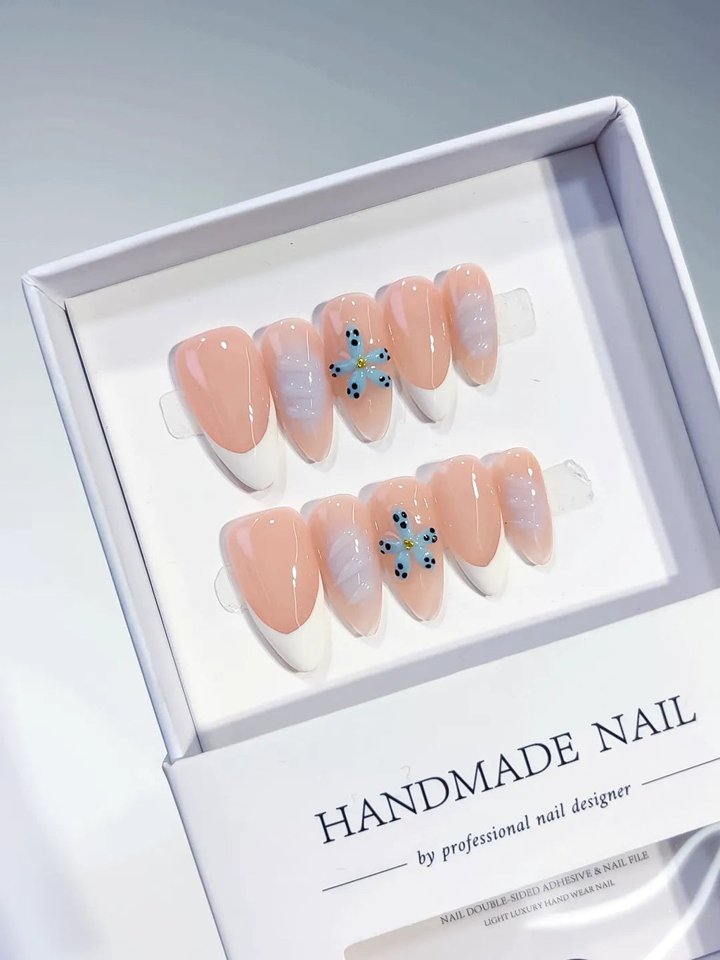 D339 - Medium Nude White Almond French tip Flower VibeNailsLab