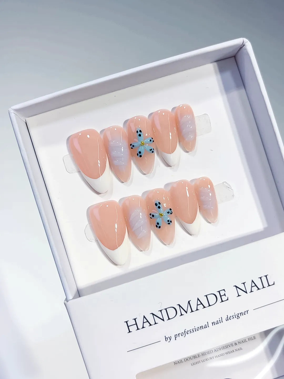 D339 - Medium Nude White Almond French tip Flower VibeNailsLab