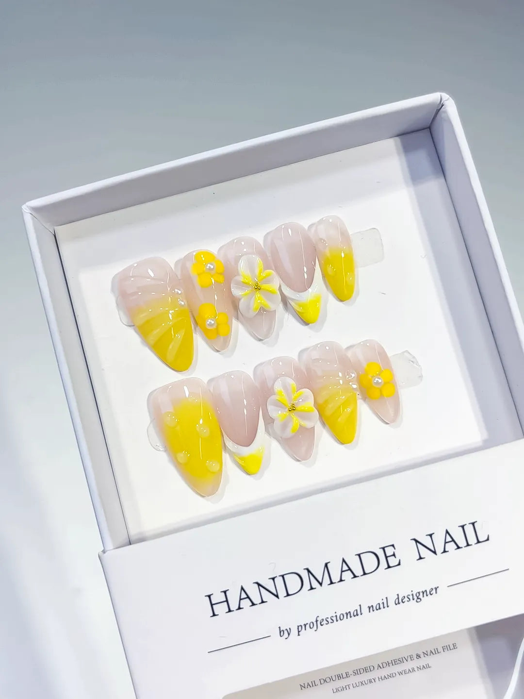D340 - Medium Nude Yellow Almond French tip Flower VibeNailsLab