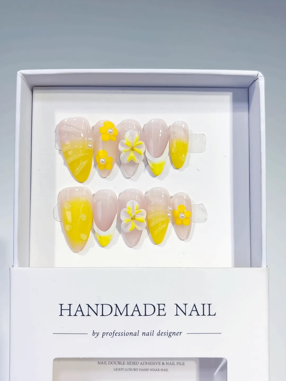 D340 - Medium Nude Yellow Almond French tip Flower VibeNailsLab