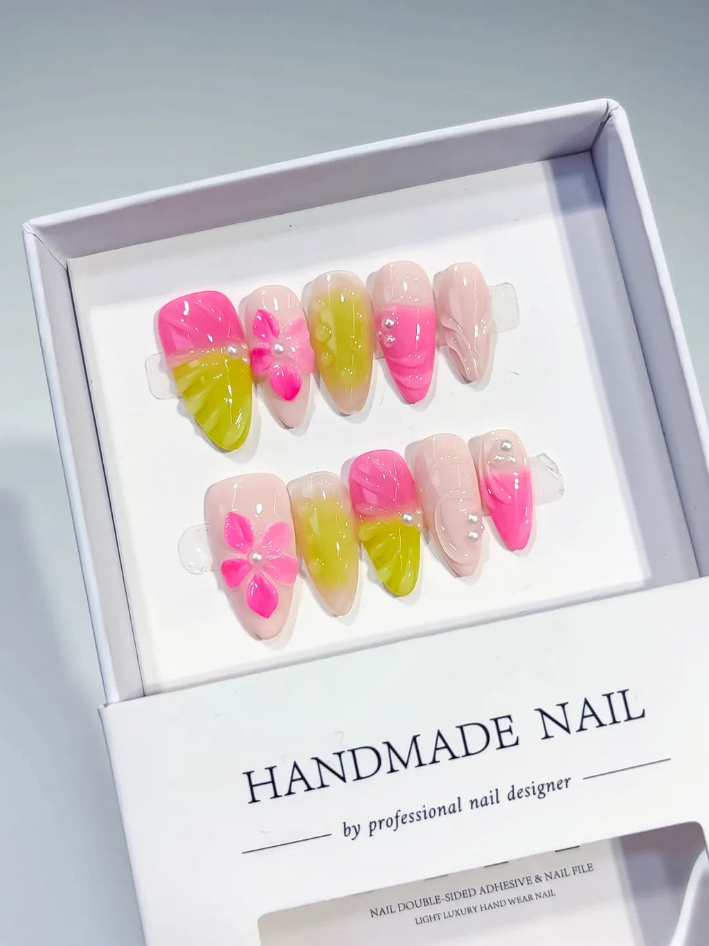 D341 - Medium Pink Yellow Almond Ombre Flower VibeNailsLab