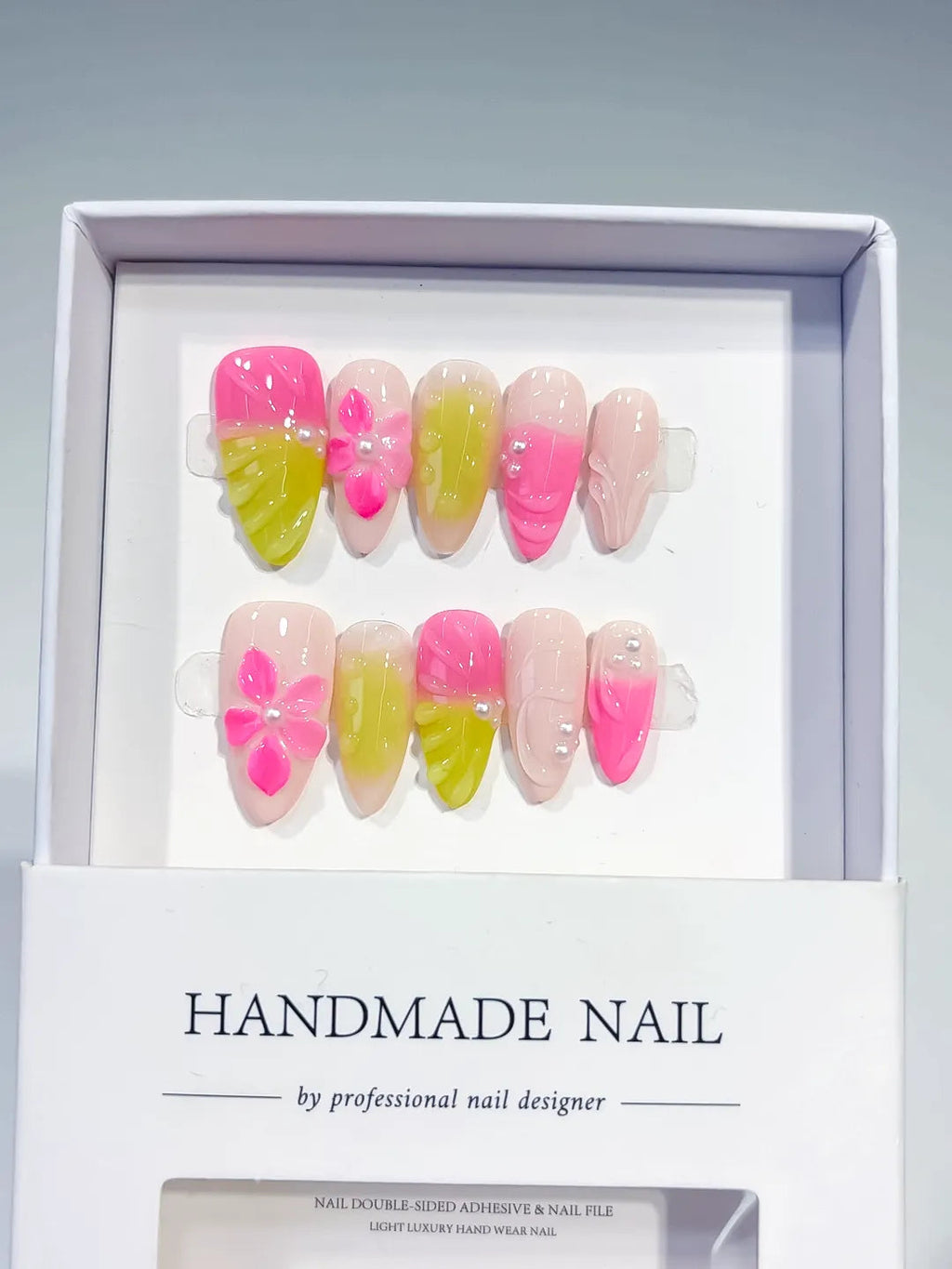 D341 - Medium Pink Yellow Almond Ombre Flower VibeNailsLab