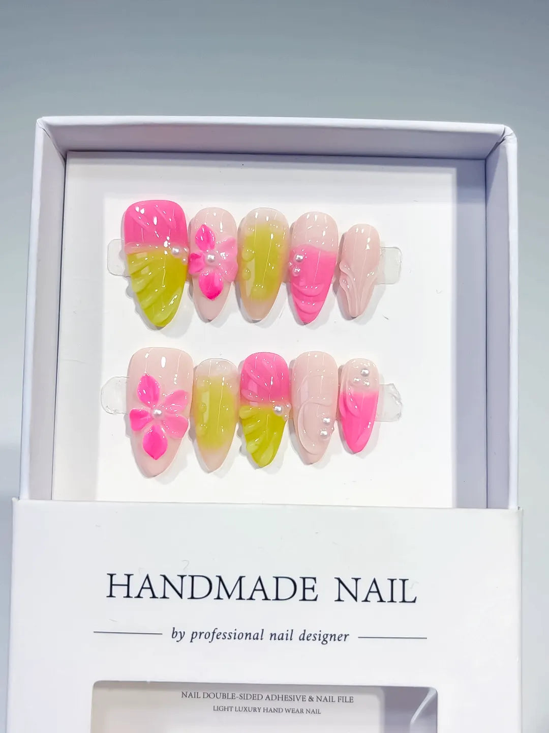 D341 - Medium Pink Yellow Almond Ombre Flower VibeNailsLab