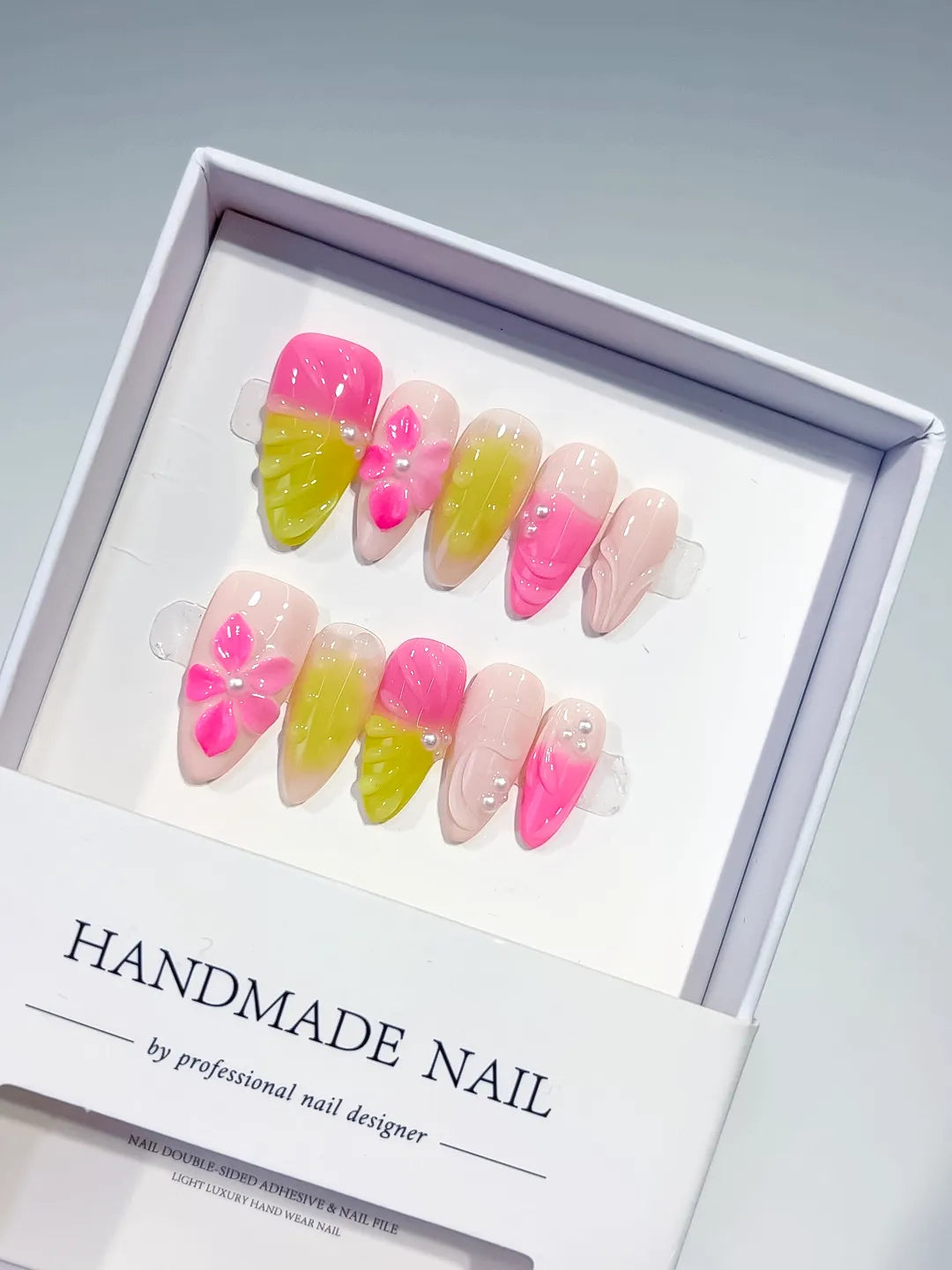 D341 - Medium Pink Yellow Almond Ombre Flower VibeNailsLab