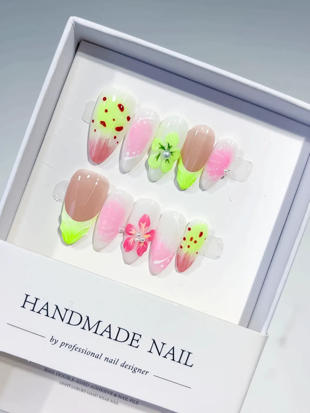 D342 - Medium Nude Pink Almond Abstract Flower Dot Pattern VibeNailsLab