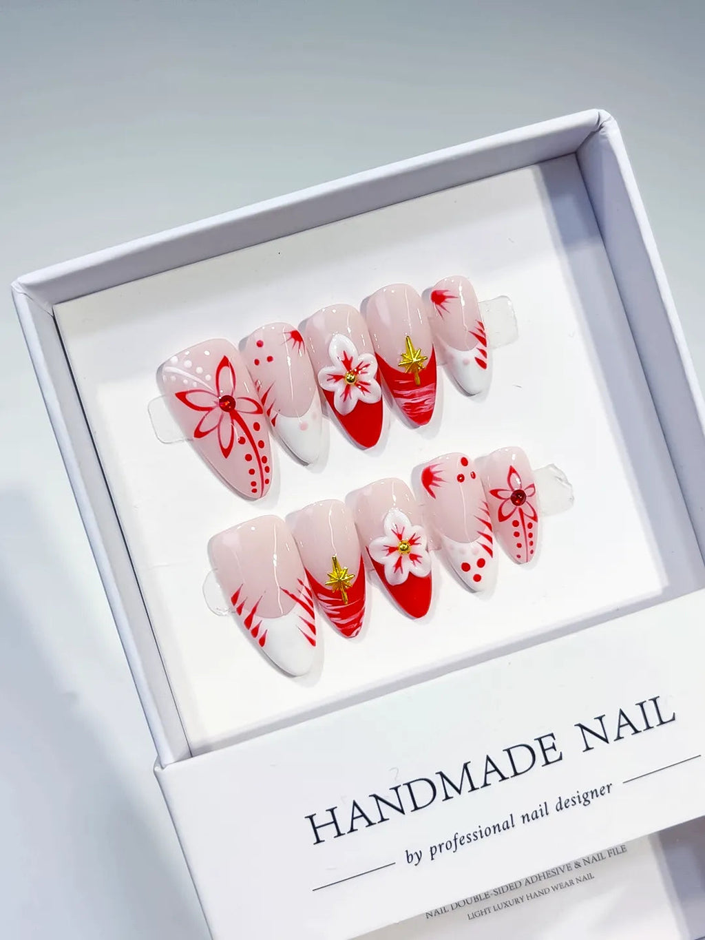 D343 - Medium Nude White Almond French tip Flower VibeNailsLab