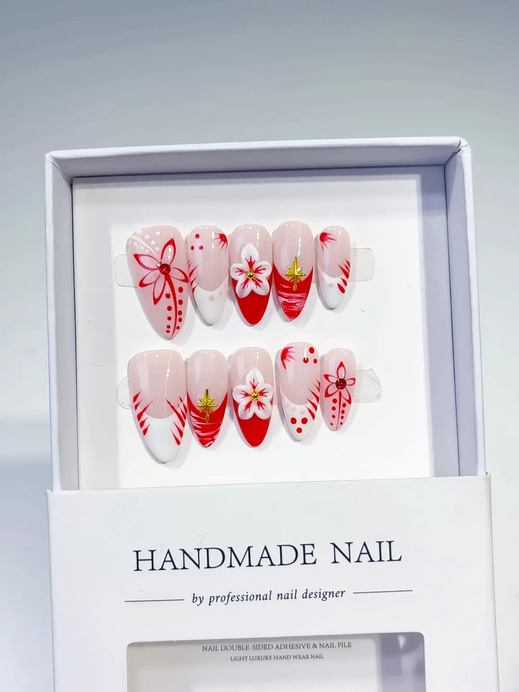 D343 - Medium Nude White Almond French tip Flower VibeNailsLab